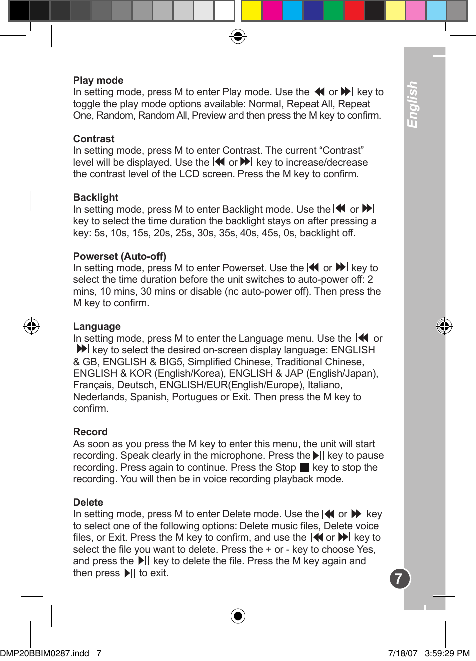 English, Function menu | Lexibook DMP20BB/DMP23BB User Manual | Page 7 / 8