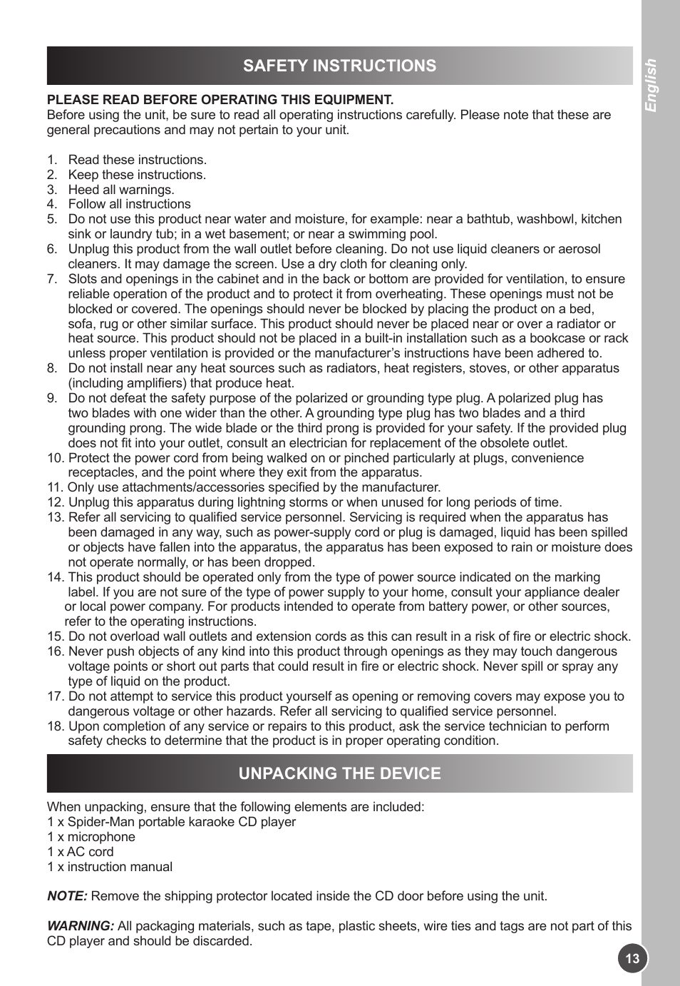 Safety instructions, Unpacking the device | Lexibook K11SP User Manual | Page 13 / 67