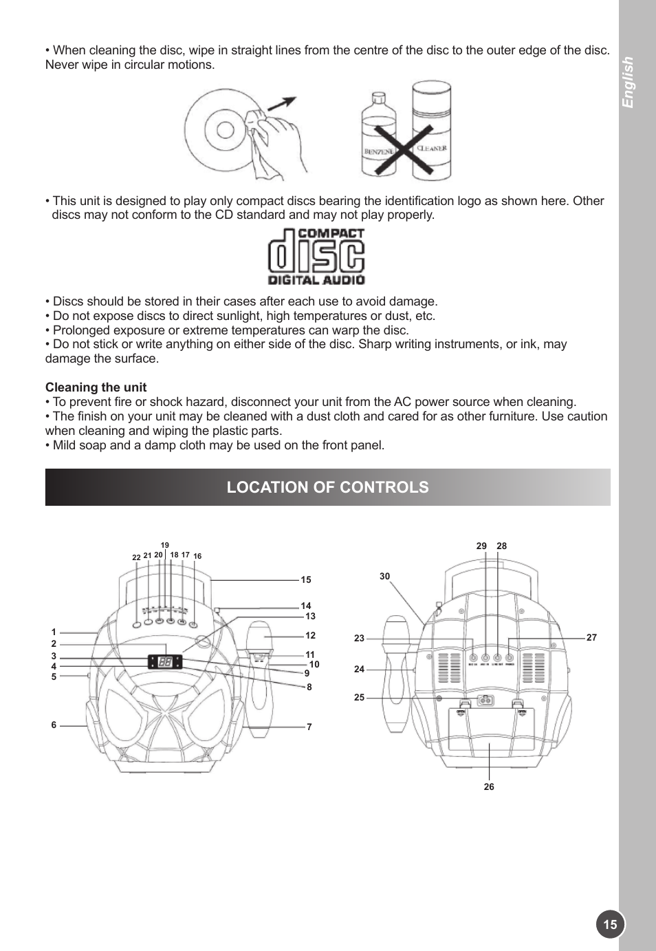 Location of controls, English | Lexibook K11SP User Manual | Page 15 / 67