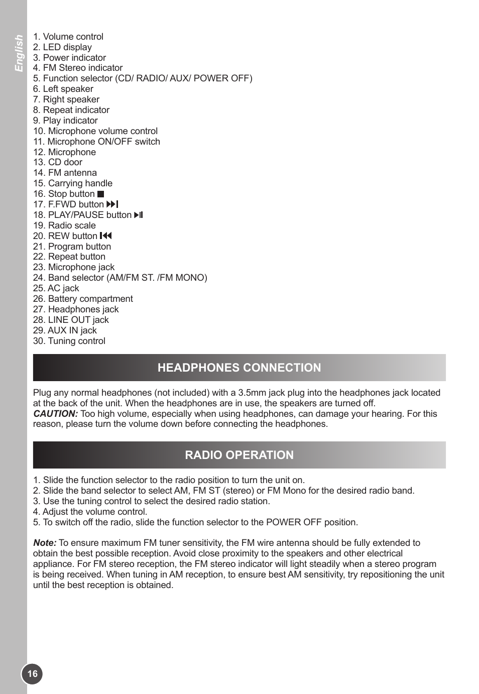 Headphones connection, Radio operation | Lexibook K11SP User Manual | Page 16 / 67