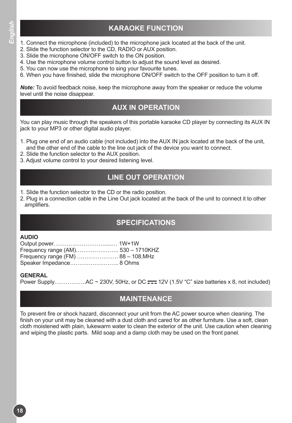 Aux in operation, Line out operation, Specifications | Maintenance, Karaoke function | Lexibook K11SP User Manual | Page 18 / 67