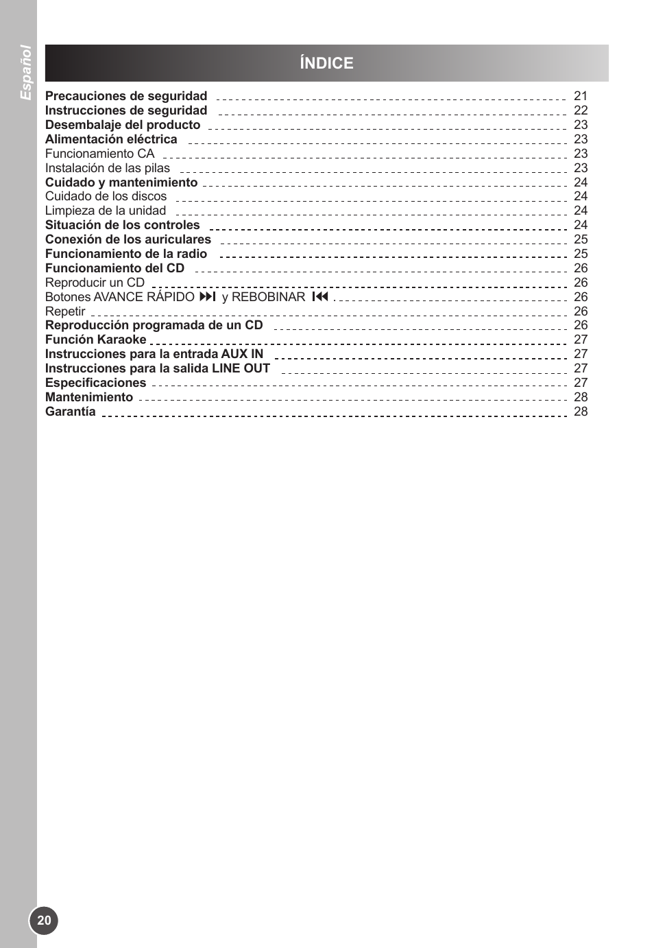 Índice | Lexibook K11SP User Manual | Page 20 / 67