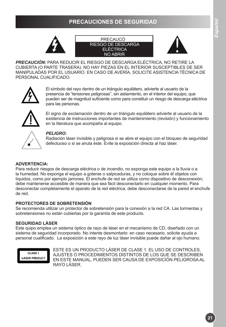 Precauciones de seguridad | Lexibook K11SP User Manual | Page 21 / 67