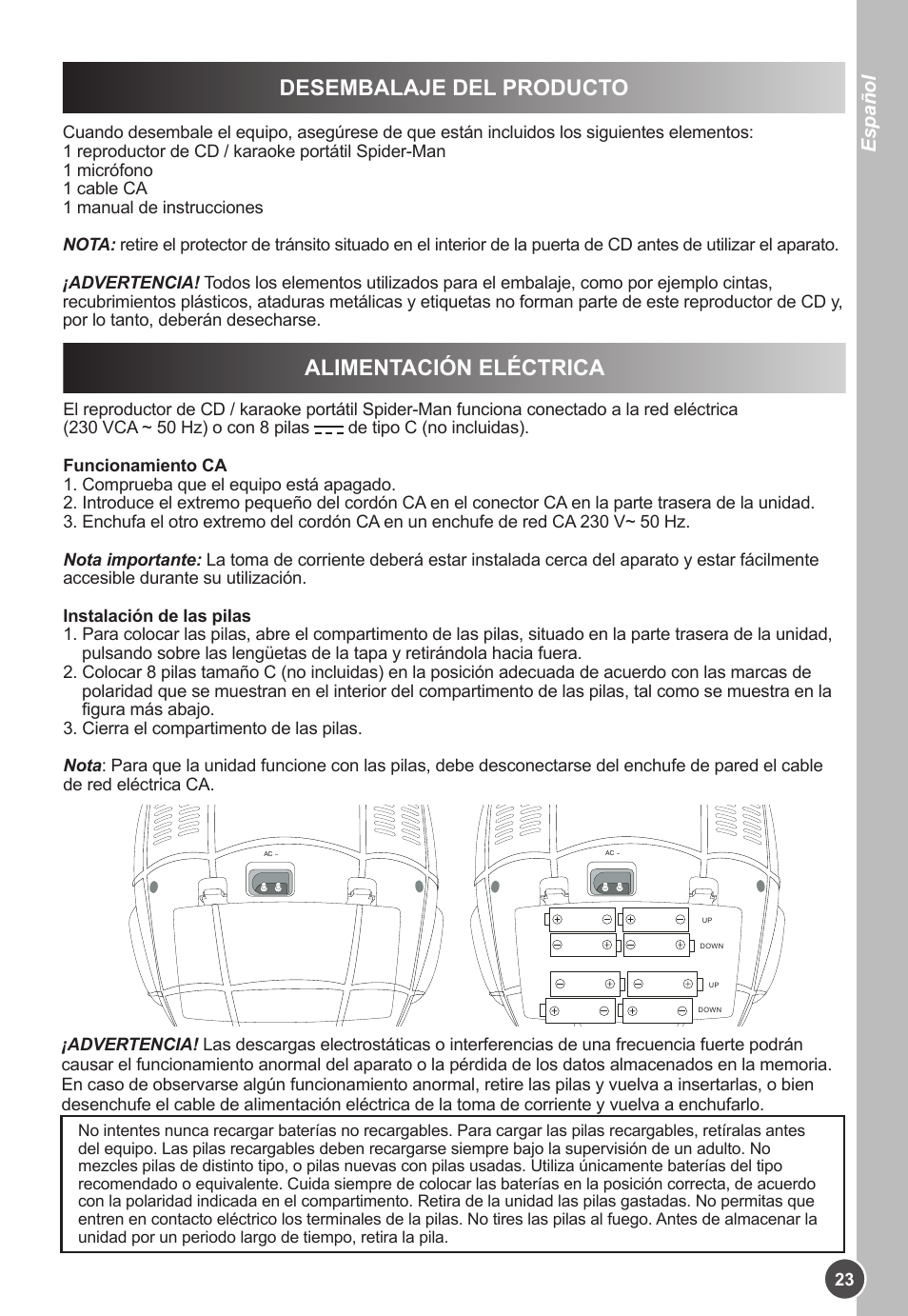 Desembalaje del producto, Alimentación eléctrica, Español | Lexibook K11SP User Manual | Page 23 / 67