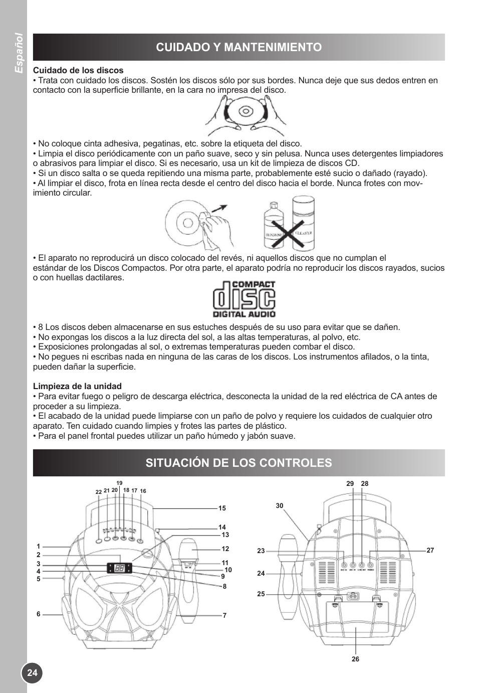 Situación de los controles, Cuidado y mantenimiento, Español | Lexibook K11SP User Manual | Page 24 / 67