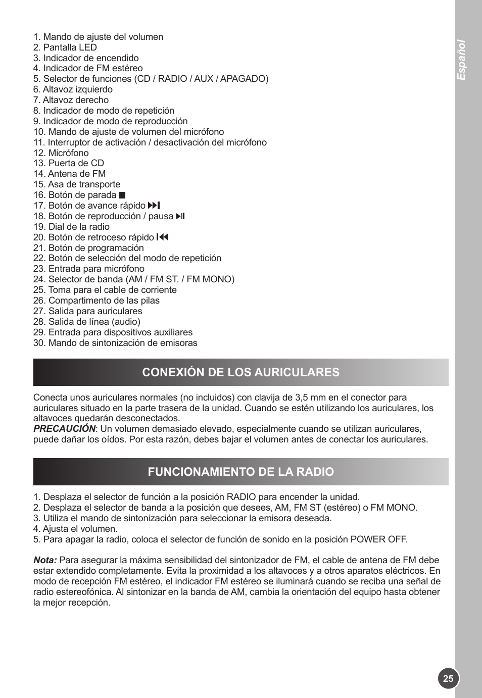 Conexión de los auriculares, Funcionamiento de la radio | Lexibook K11SP User Manual | Page 25 / 67
