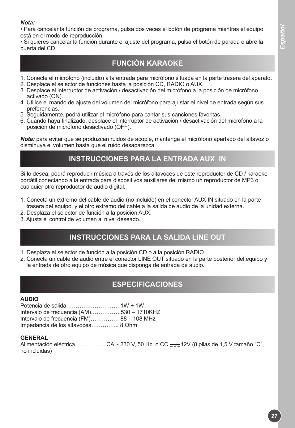 Instrucciones para la entrada aux in, Instrucciones para la salida line out, Especificaciones | Función karaoke | Lexibook K11SP User Manual | Page 27 / 67
