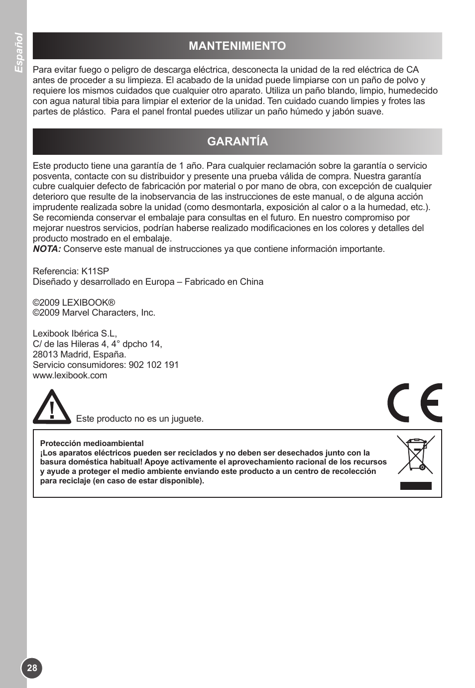 Garantía, Mantenimiento | Lexibook K11SP User Manual | Page 28 / 67