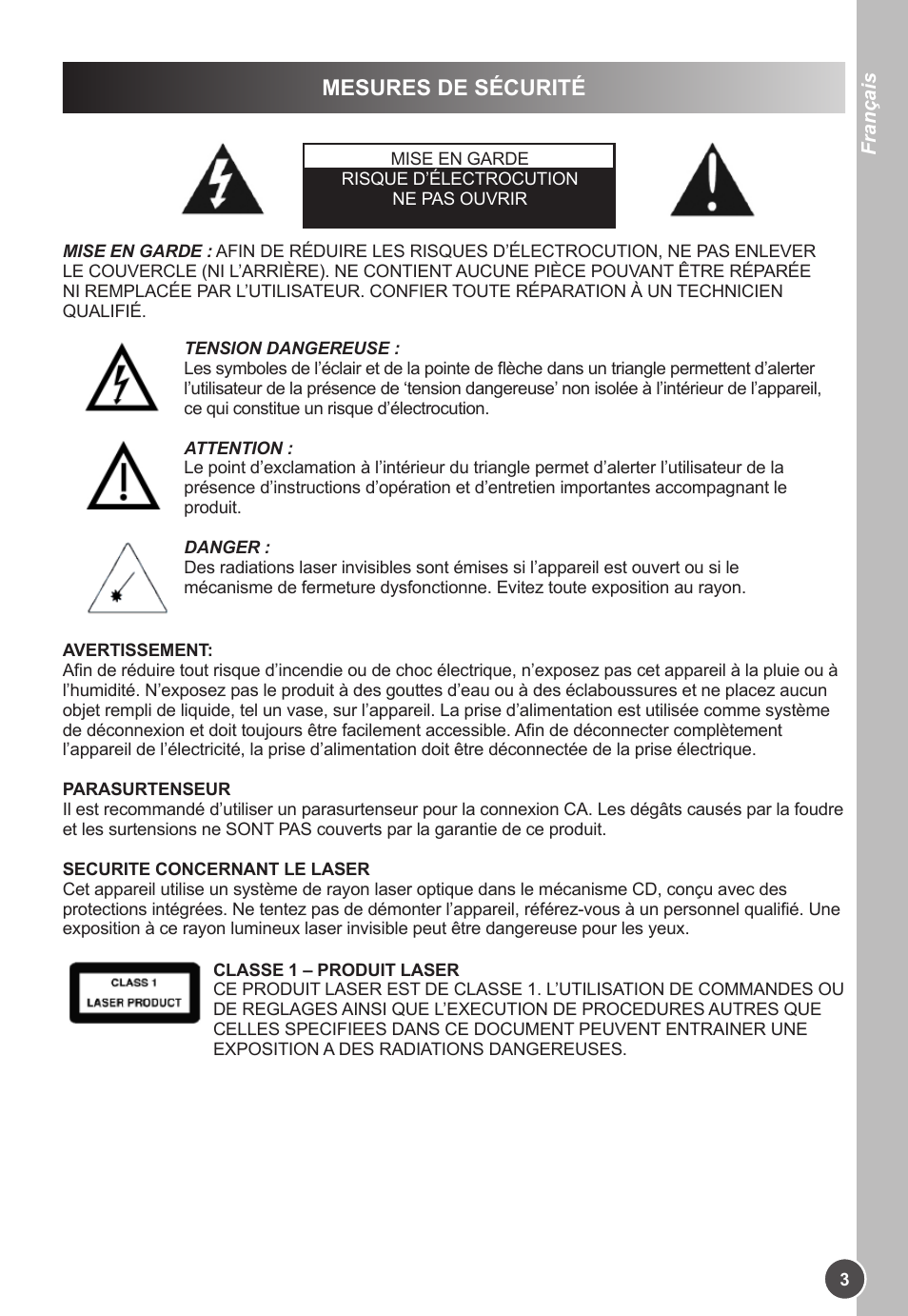 Mesures de sécurité | Lexibook K11SP User Manual | Page 3 / 67