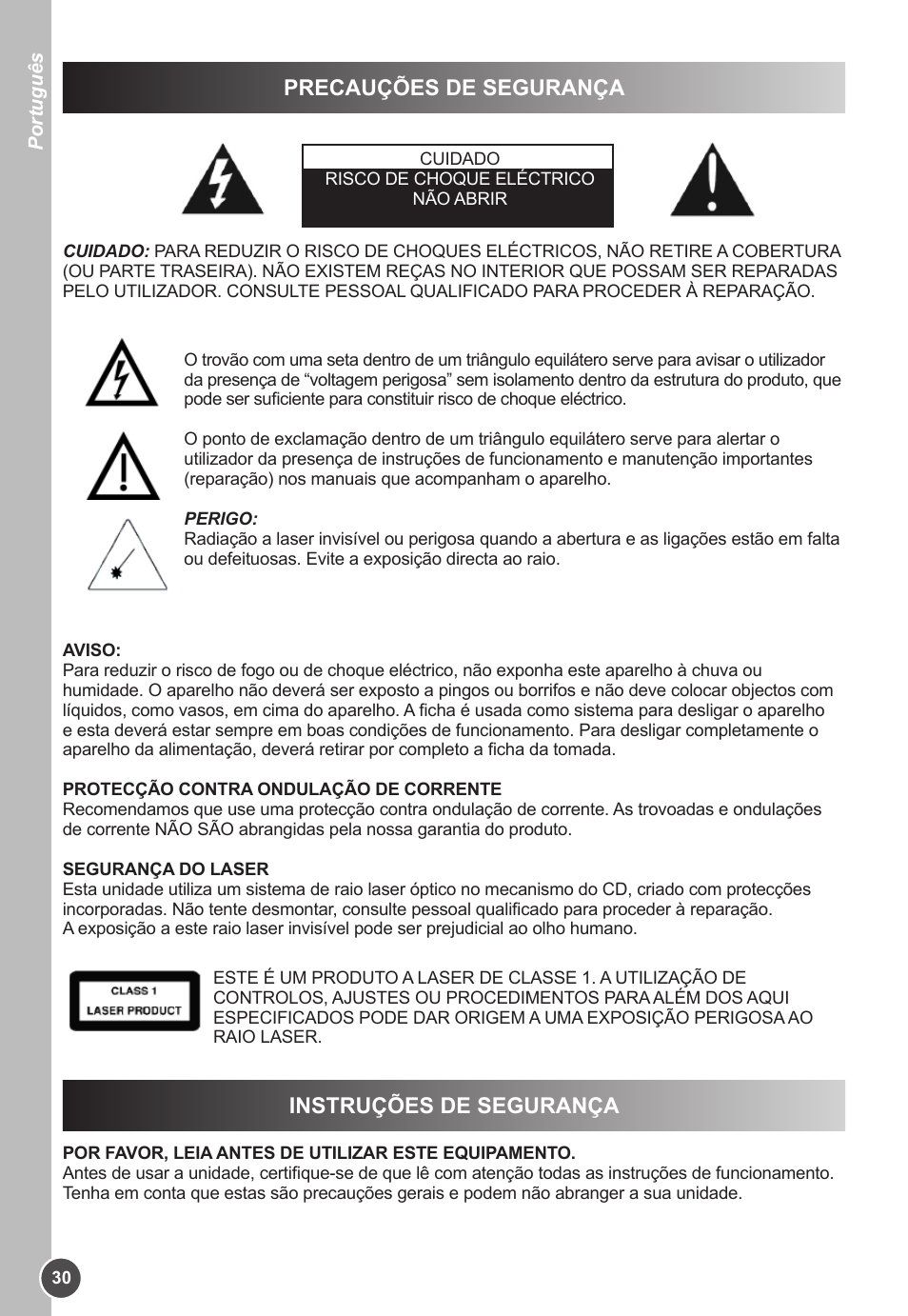 Precauções de segurança, Instruções de segurança | Lexibook K11SP User Manual | Page 30 / 67
