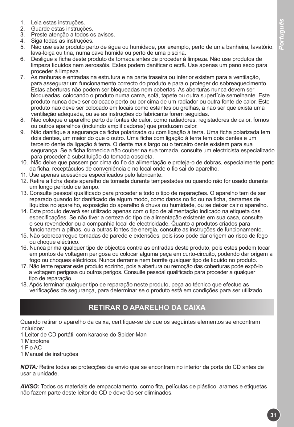 Retirar o aparelho da caixa | Lexibook K11SP User Manual | Page 31 / 67