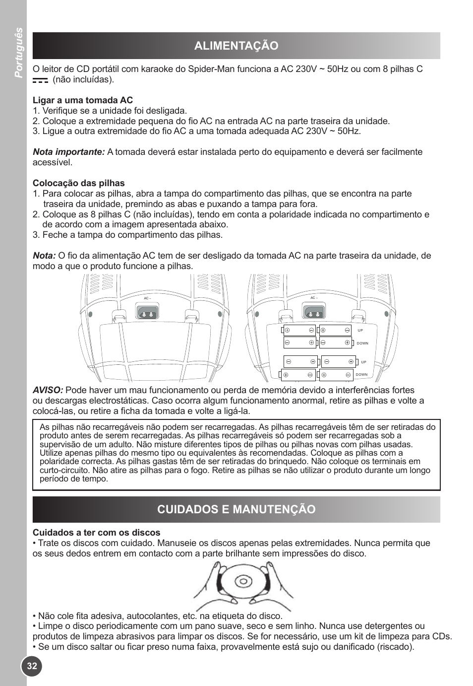 Alimentação, Cuidados e manutenção, Português | Lexibook K11SP User Manual | Page 32 / 67