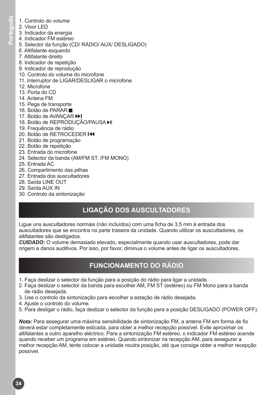 Ligação dos auscultadores, Funcionamento do rádio | Lexibook K11SP User Manual | Page 34 / 67