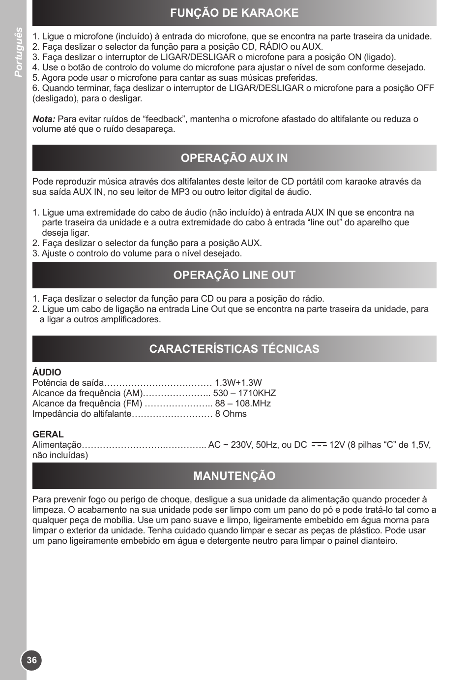 Operação aux in, Operação line out, Características técnicas | Manutenção, Função de karaoke | Lexibook K11SP User Manual | Page 36 / 67