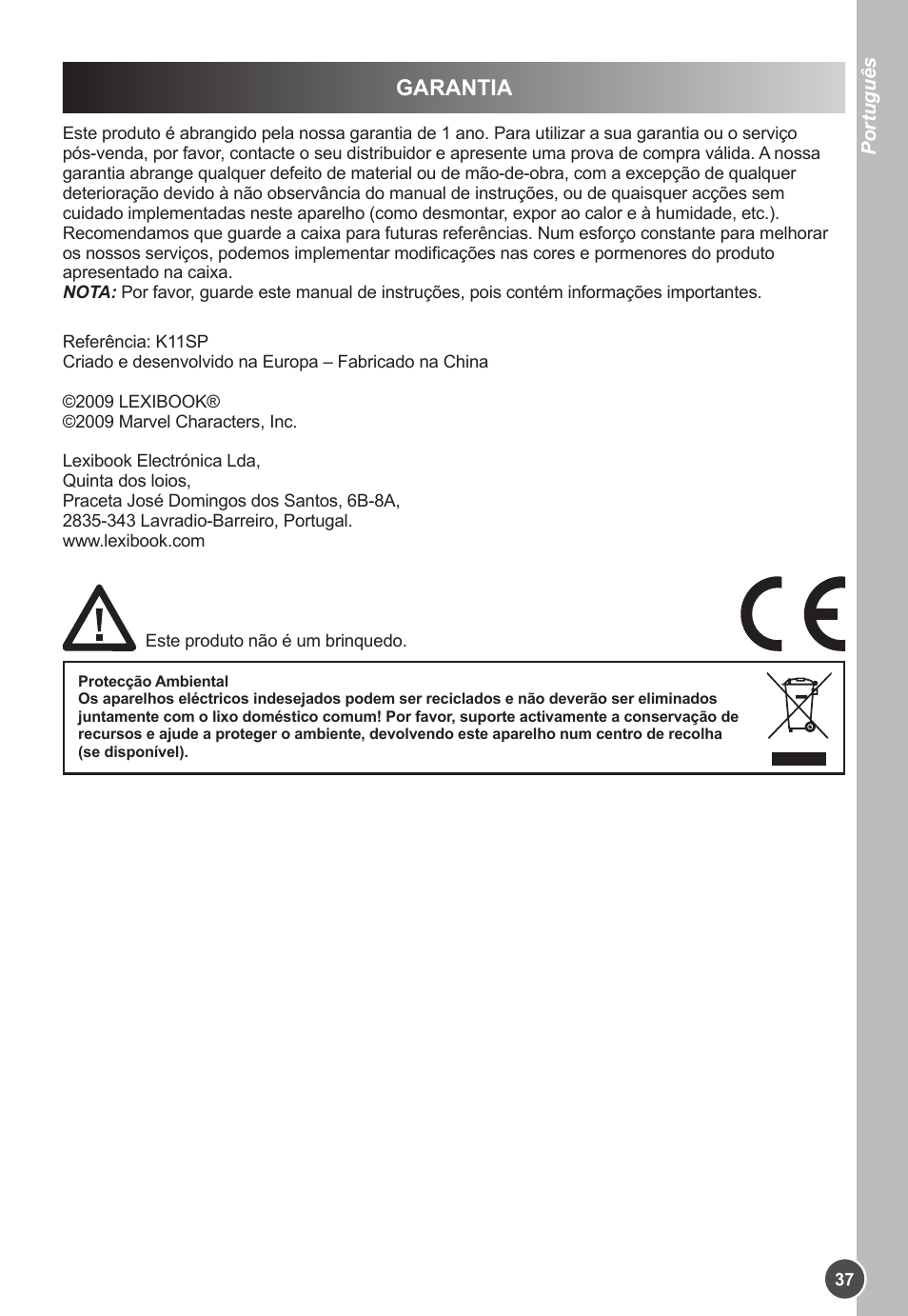 Garantia | Lexibook K11SP User Manual | Page 37 / 67