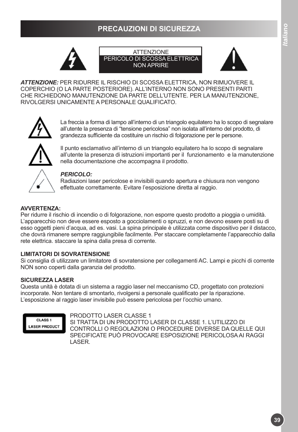 Precauzioni di sicurezza | Lexibook K11SP User Manual | Page 39 / 67