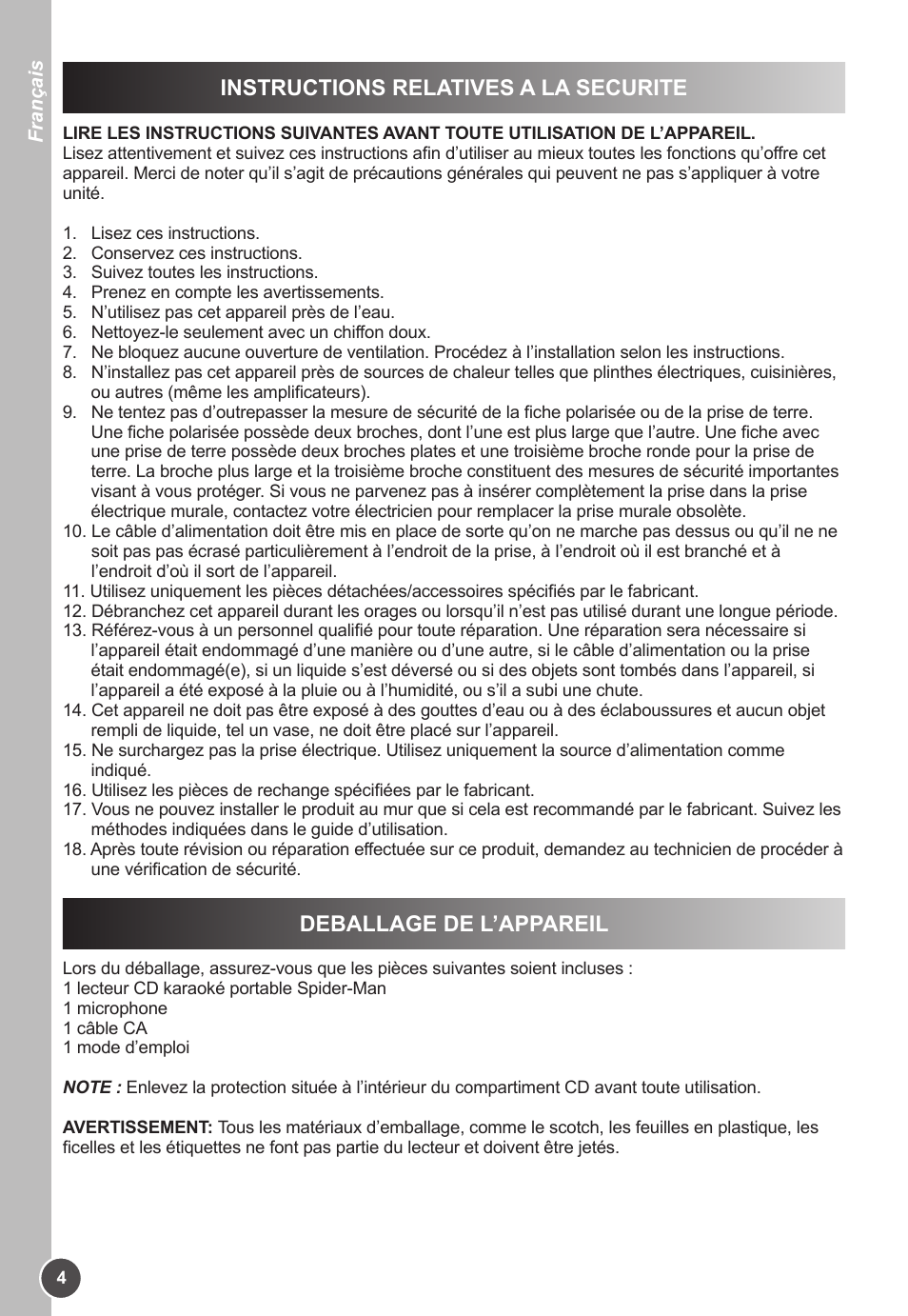 Instructions relatives a la securite, Deballage de l’appareil | Lexibook K11SP User Manual | Page 4 / 67