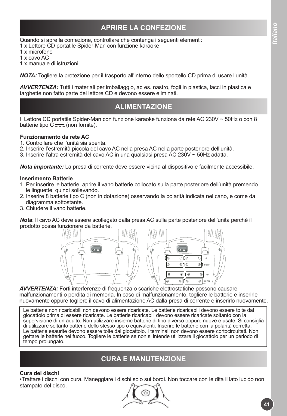 Aprire la confezione, Alimentazione, Cura e manutenzione | Italiano | Lexibook K11SP User Manual | Page 41 / 67