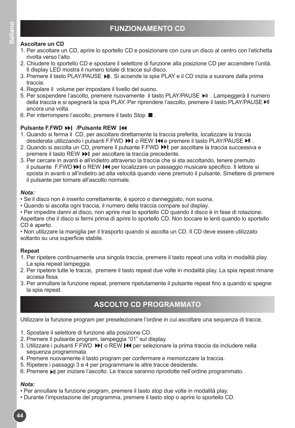 Funzionamento cd, Ascolto cd programmato | Lexibook K11SP User Manual | Page 44 / 67