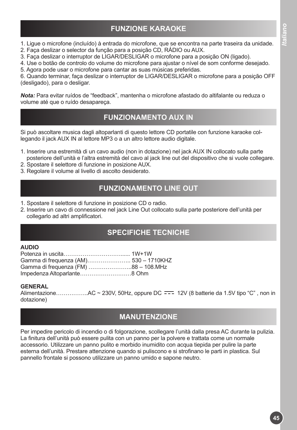 Funzionamento aux in, Funzionamento line out, Specifiche tecniche | Manutenzione, Funzione karaoke | Lexibook K11SP User Manual | Page 45 / 67