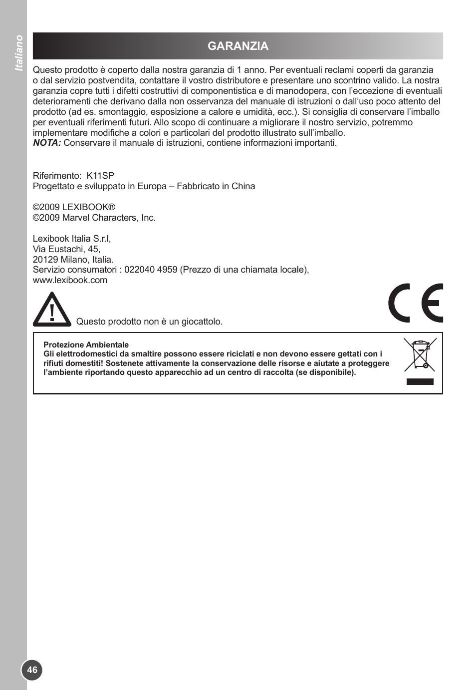 Garanzia | Lexibook K11SP User Manual | Page 46 / 67