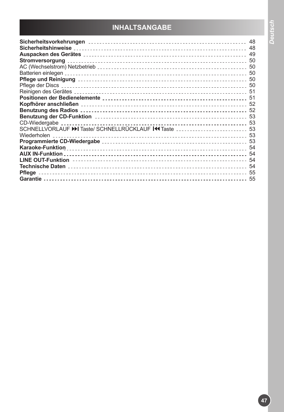 Inhaltsangabe | Lexibook K11SP User Manual | Page 47 / 67