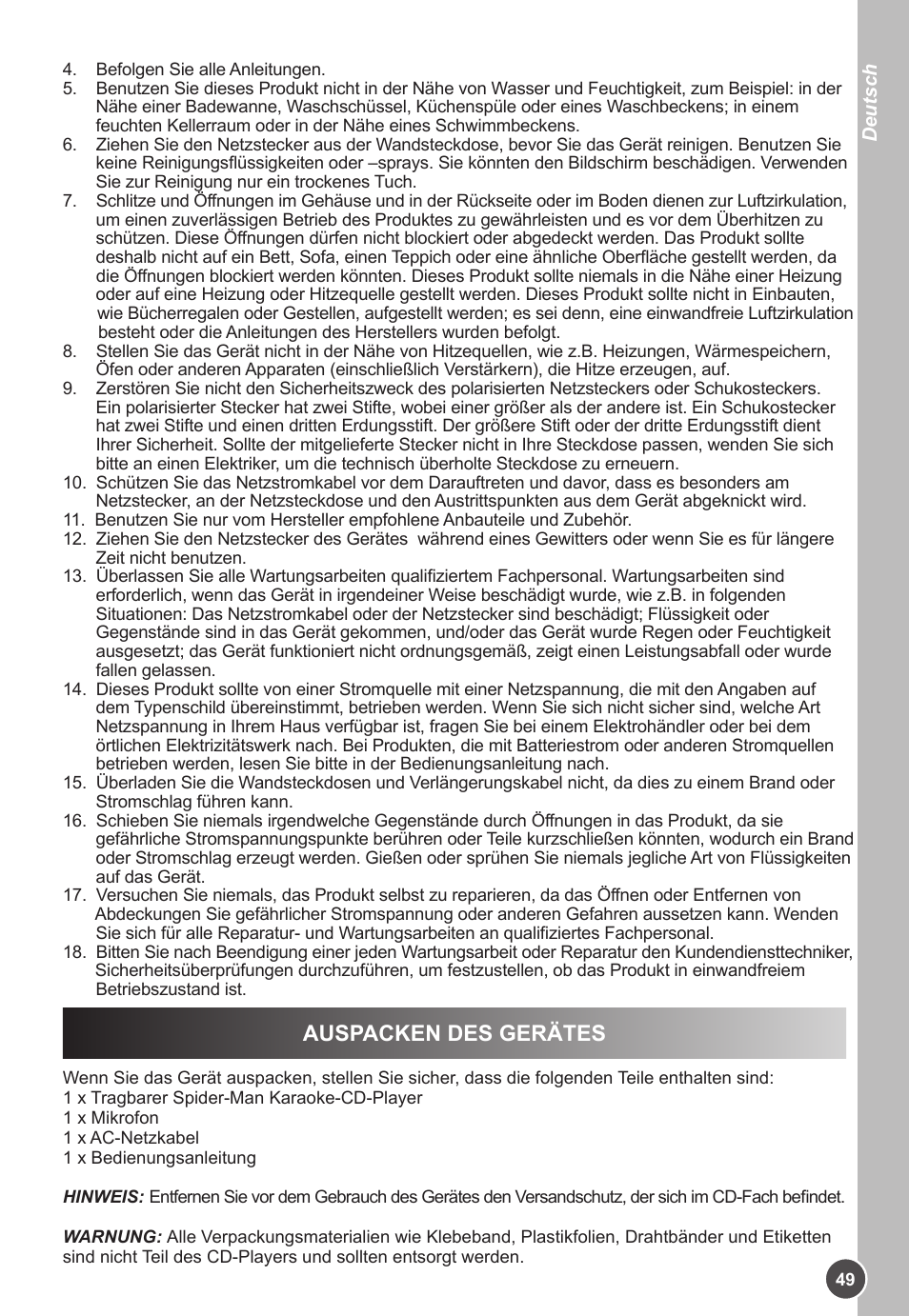 Auspacken des gerätes | Lexibook K11SP User Manual | Page 49 / 67
