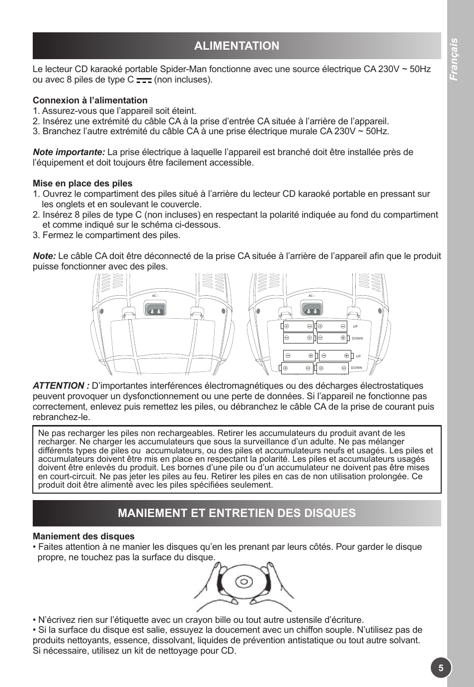 Alimentation, Maniement et entretien des disques, Français | Lexibook K11SP User Manual | Page 5 / 67