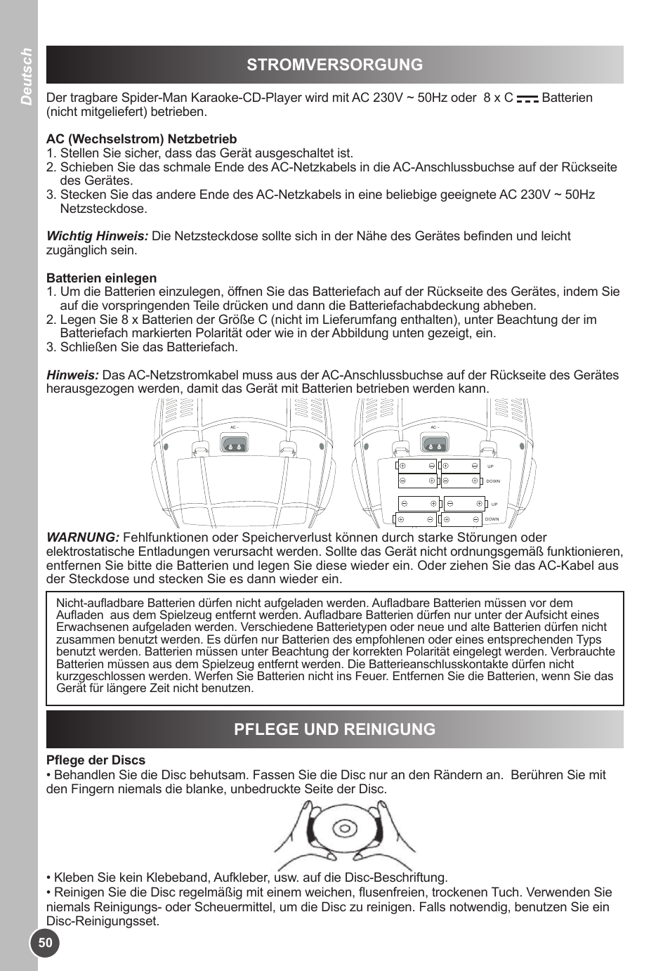 Stromversorgung, Pflege und reinigung, Deutsch | Lexibook K11SP User Manual | Page 50 / 67