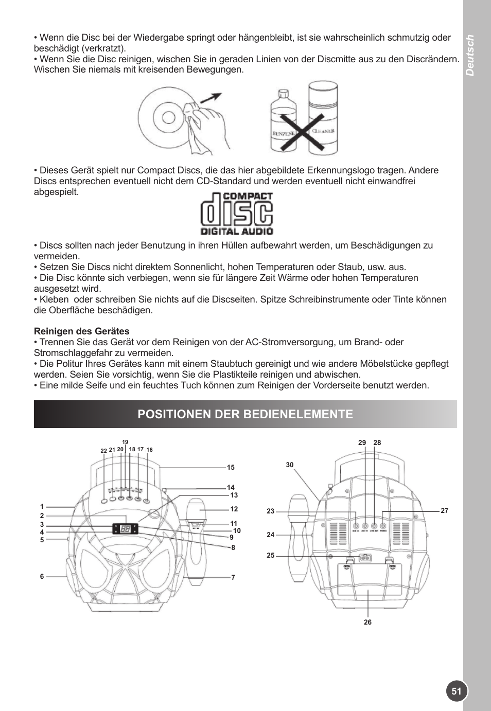 Positionen der bedienelemente, Deutsch | Lexibook K11SP User Manual | Page 51 / 67