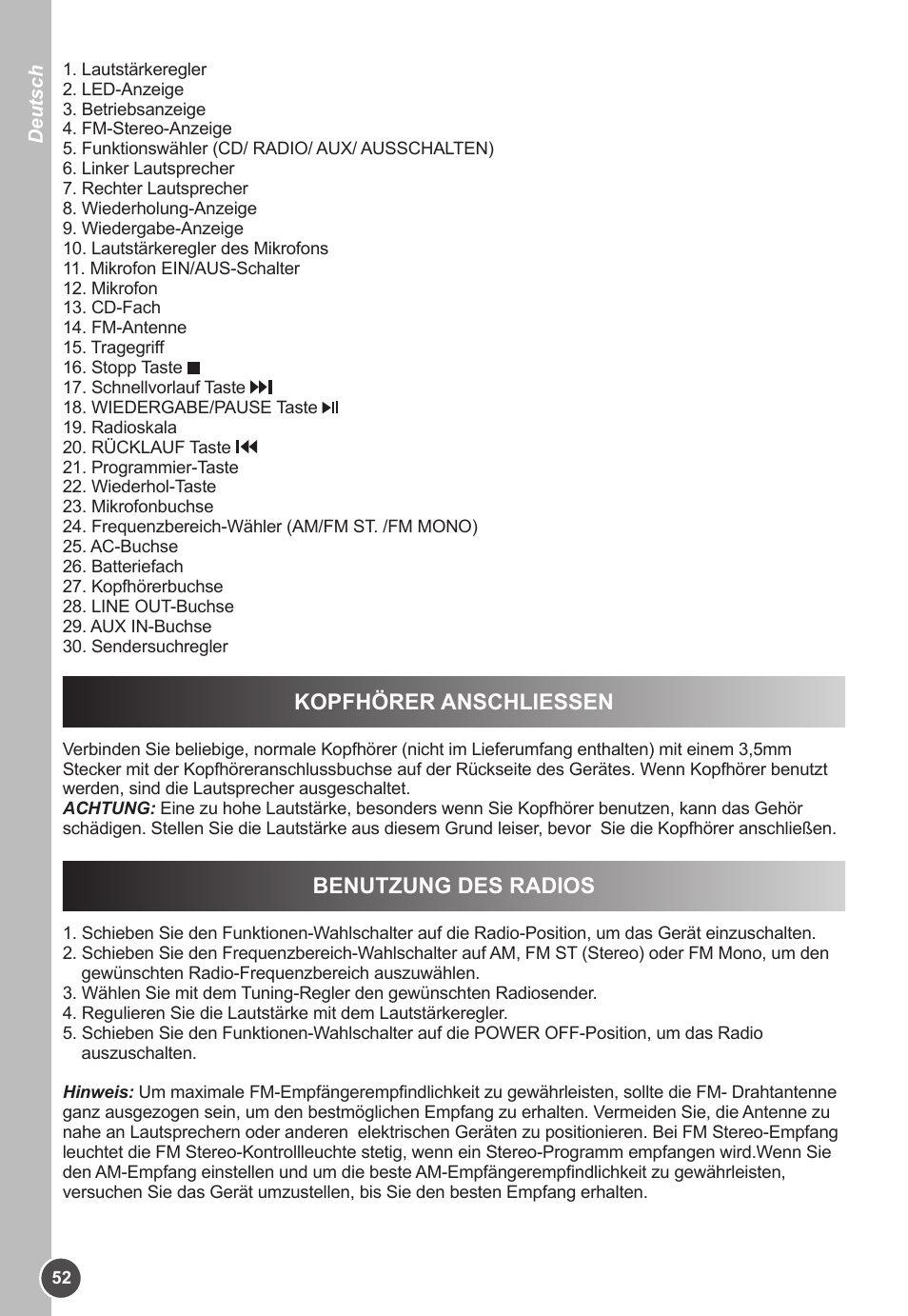 Kopfhörer anschliessen, Benutzung des radios | Lexibook K11SP User Manual | Page 52 / 67