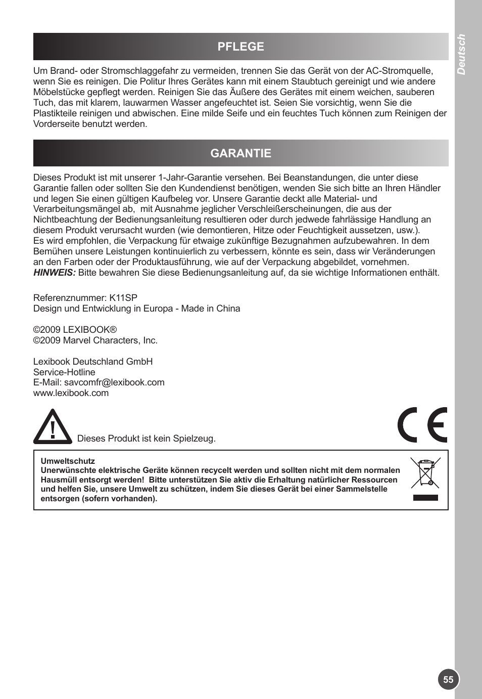 Garantie, Pflege | Lexibook K11SP User Manual | Page 55 / 67