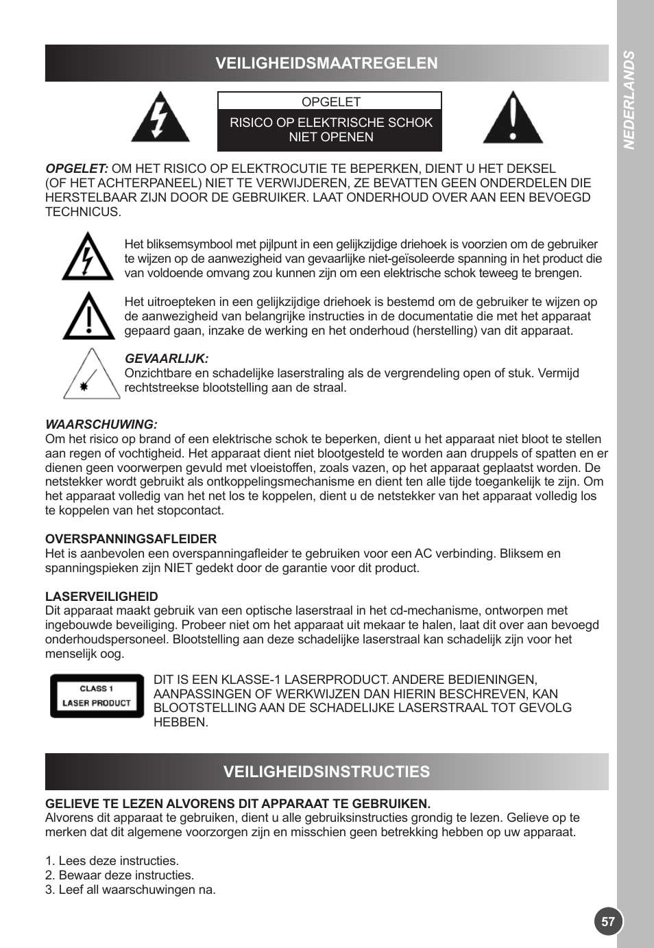 Veiligheidsmaatregelen, Veiligheidsinstructies | Lexibook K11SP User Manual | Page 57 / 67