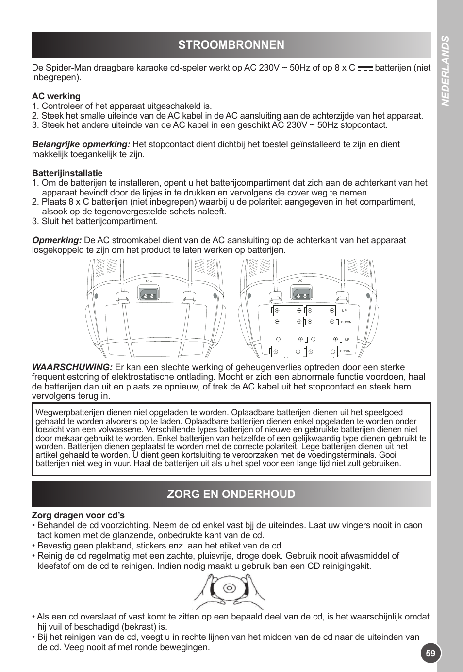 Stroombronnen, Zorg en onderhoud, Nederlands | Lexibook K11SP User Manual | Page 59 / 67