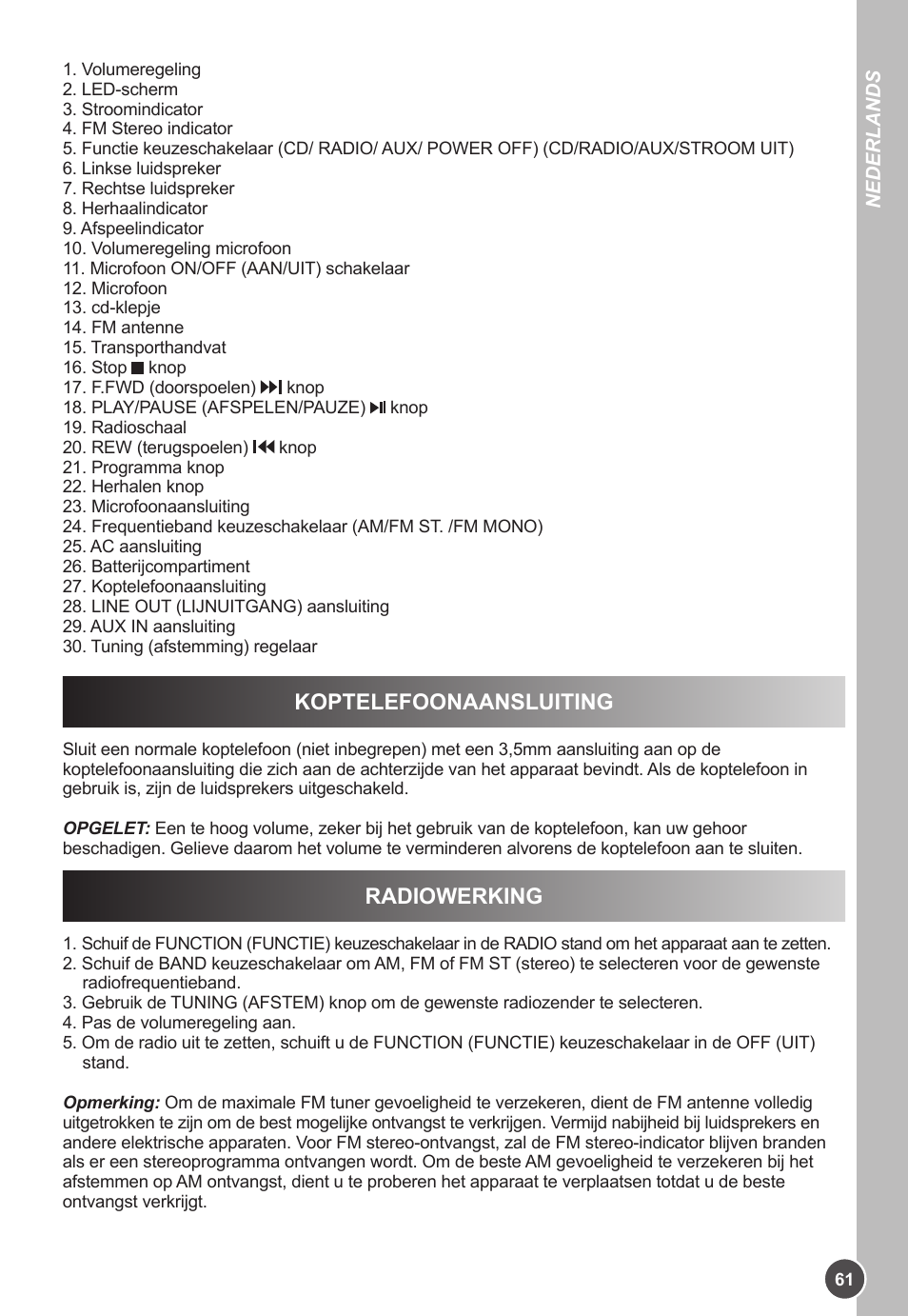 Koptelefoonaansluiting, Radiowerking | Lexibook K11SP User Manual | Page 61 / 67