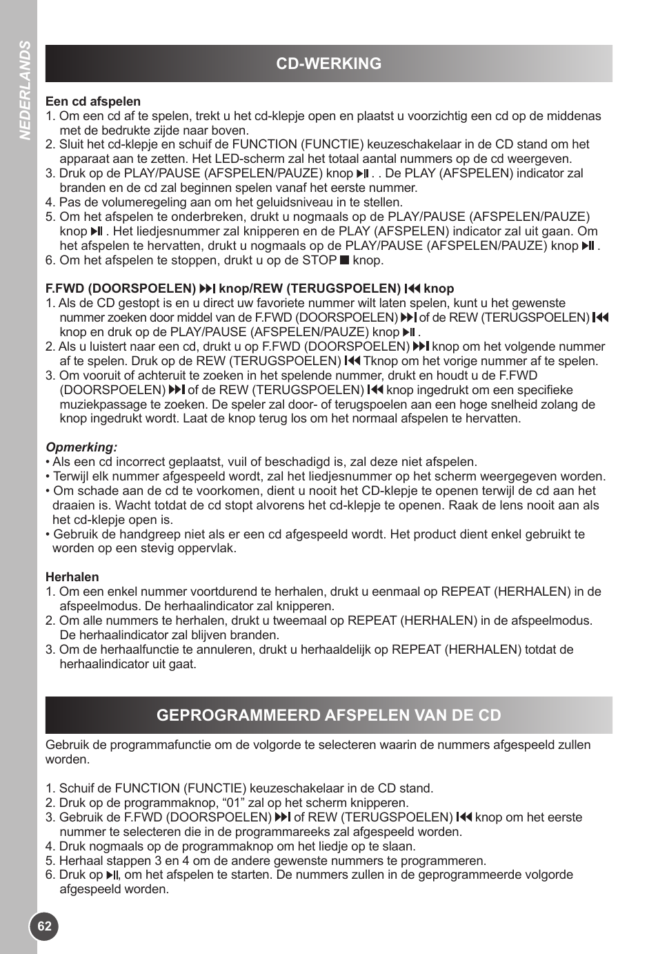 Cd-werking, Geprogrammeerd afspelen van de cd | Lexibook K11SP User Manual | Page 62 / 67