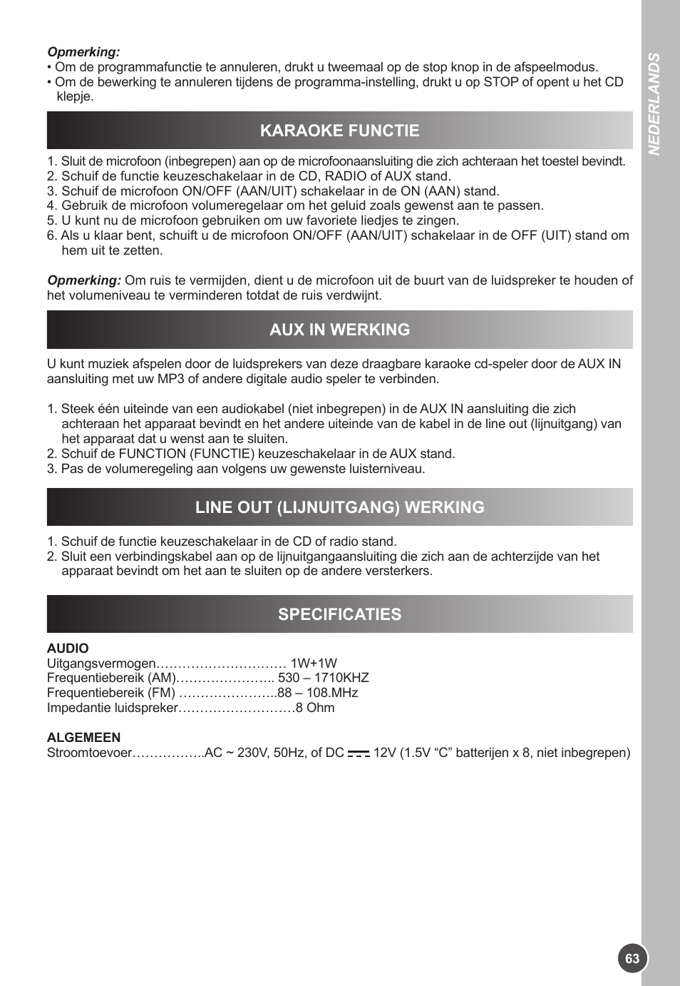 Aux in werking, Line out (lijnuitgang) werking, Specificaties | Karaoke functie | Lexibook K11SP User Manual | Page 63 / 67
