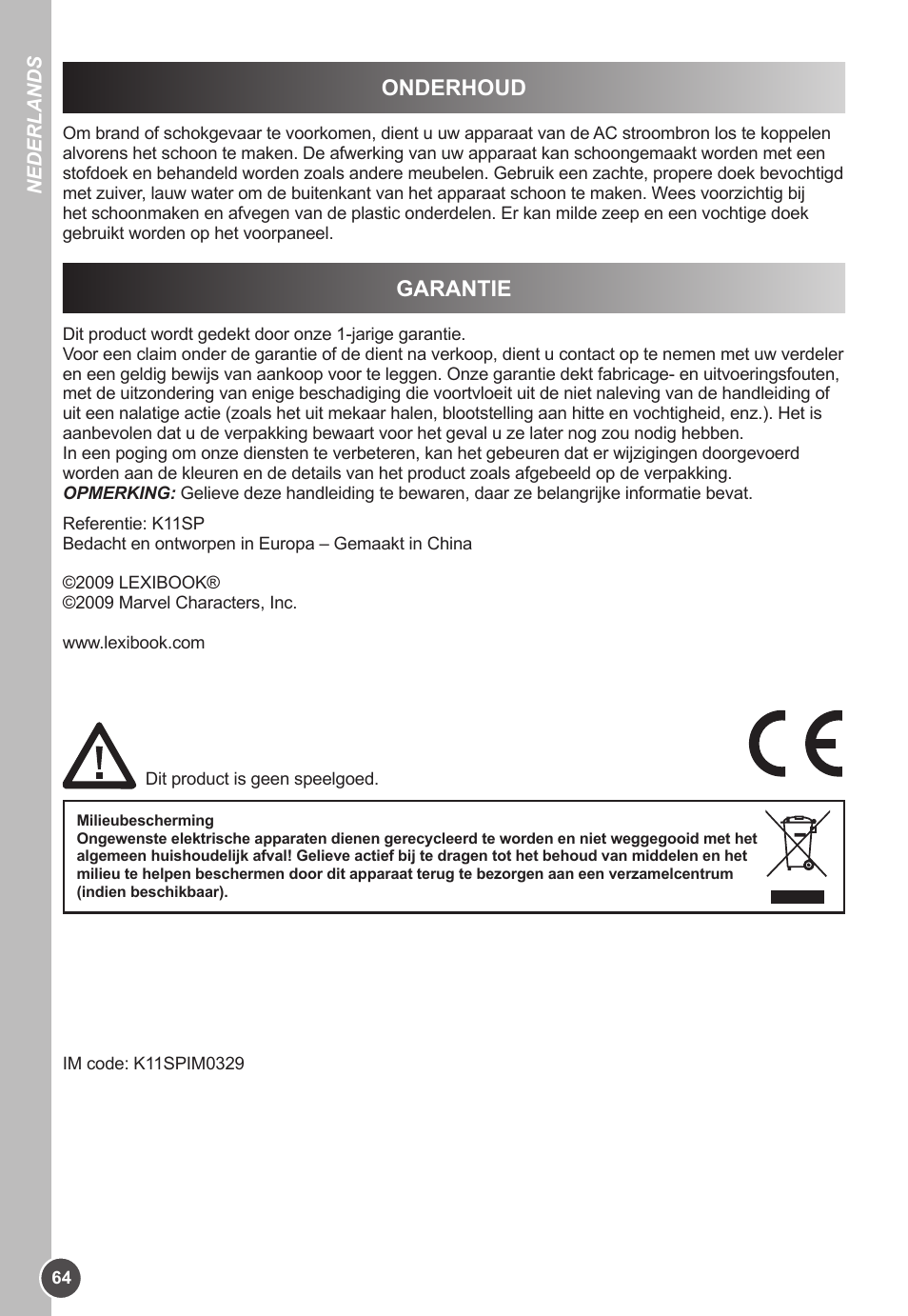 Garantie, Onderhoud | Lexibook K11SP User Manual | Page 64 / 67