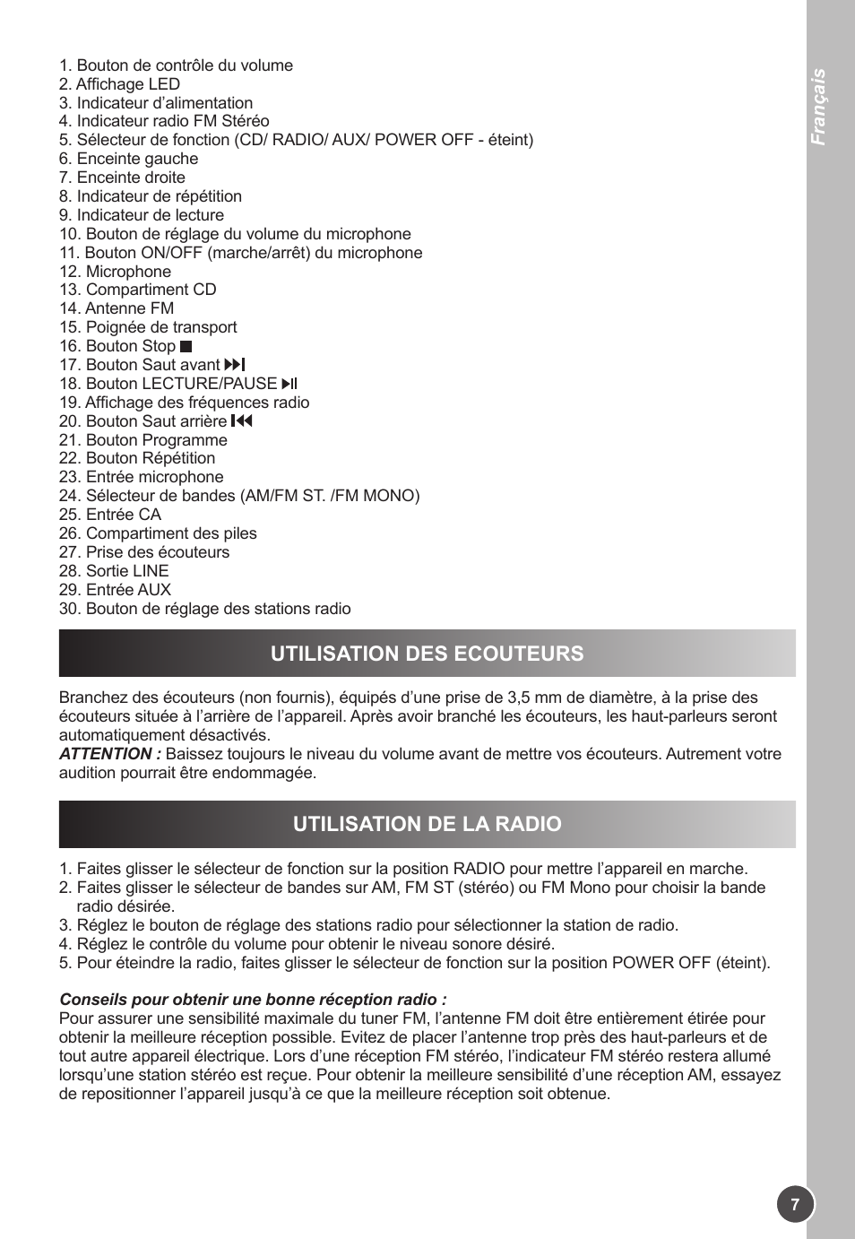 Utilisation des ecouteurs, Utilisation de la radio | Lexibook K11SP User Manual | Page 7 / 67