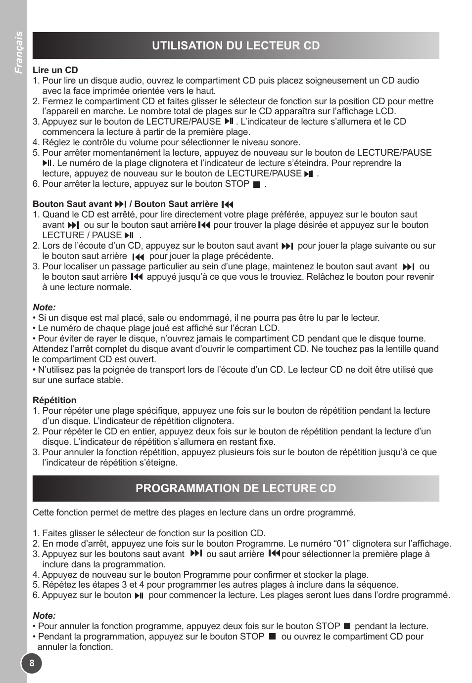 Utilisation du lecteur cd, Programmation de lecture cd | Lexibook K11SP User Manual | Page 8 / 67