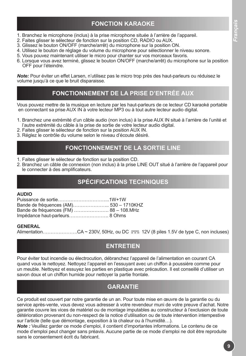 Fonction karaoke, Fonctionnement de la prise d’entrée aux, Fonctionnement de la sortie line | Spécifications techniques, Entretien, Garantie | Lexibook K11SP User Manual | Page 9 / 67
