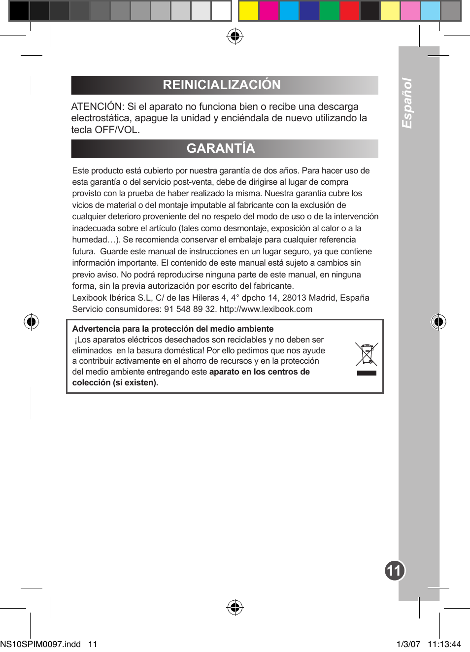 Español, Garantía, Reinicialización | Lexibook NS10SP User Manual | Page 11 / 23