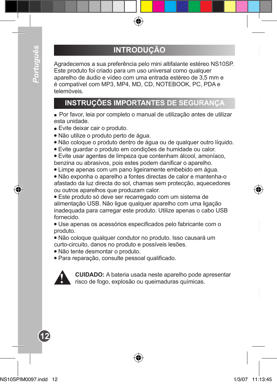 Português, Introdução, Instruções importantes de segurança | Lexibook NS10SP User Manual | Page 12 / 23