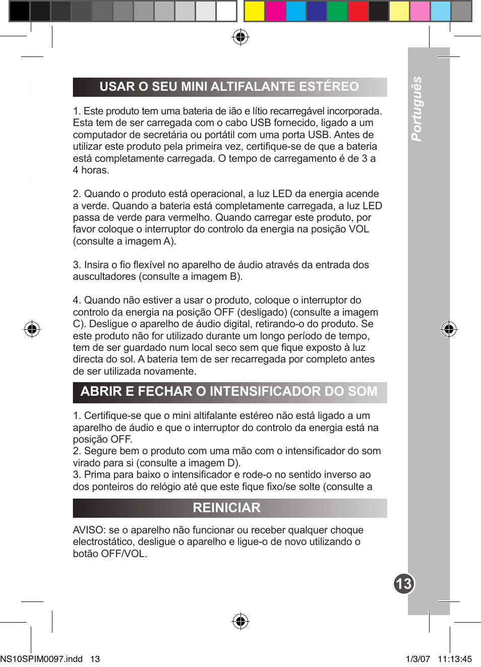 Português, Abrir e fechar o intensificador do som, Reiniciar | Instruções importantes de segurança, Usar o seu mini altifalante estéreo | Lexibook NS10SP User Manual | Page 13 / 23