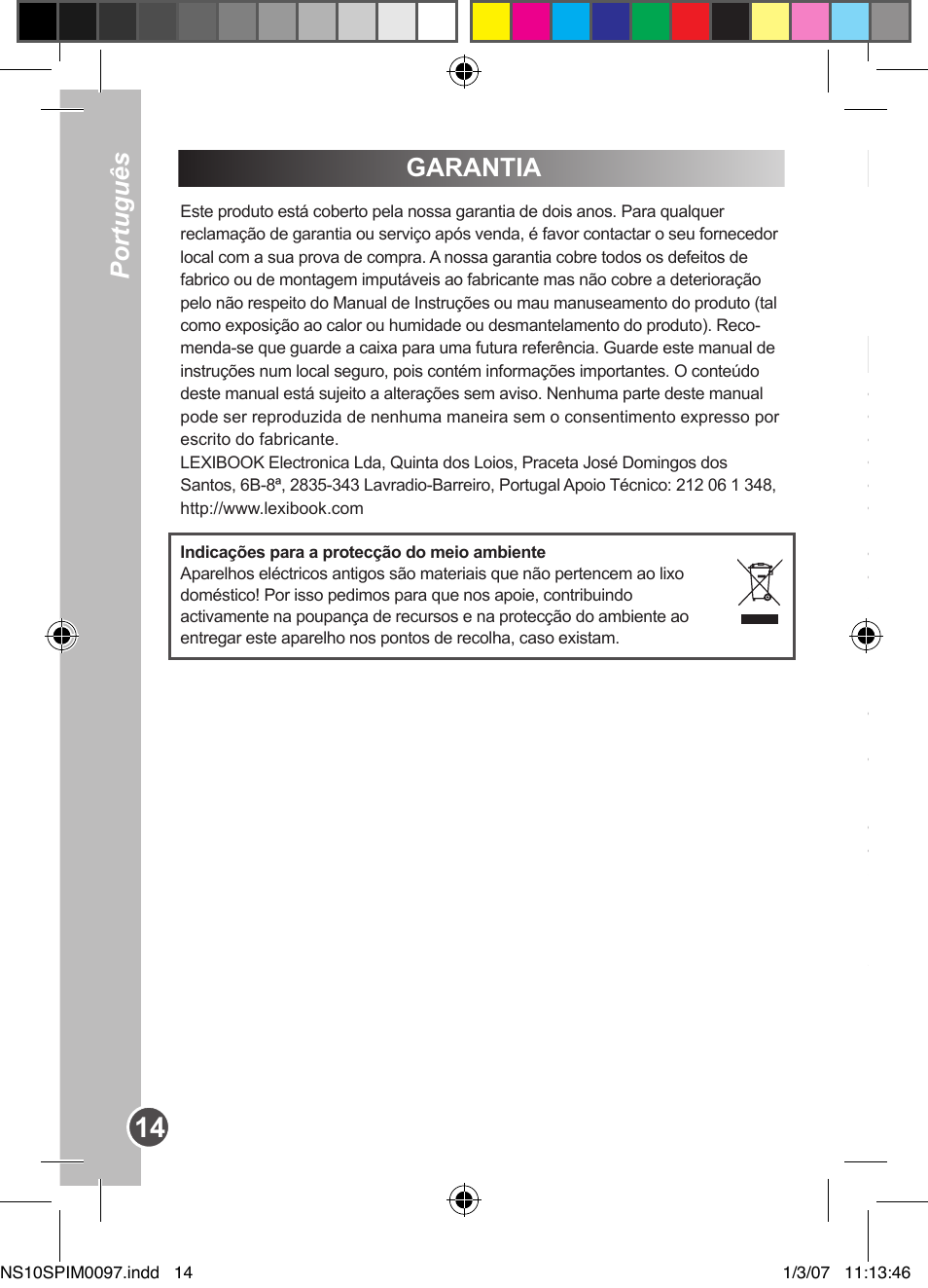 Português, Garantia | Lexibook NS10SP User Manual | Page 14 / 23