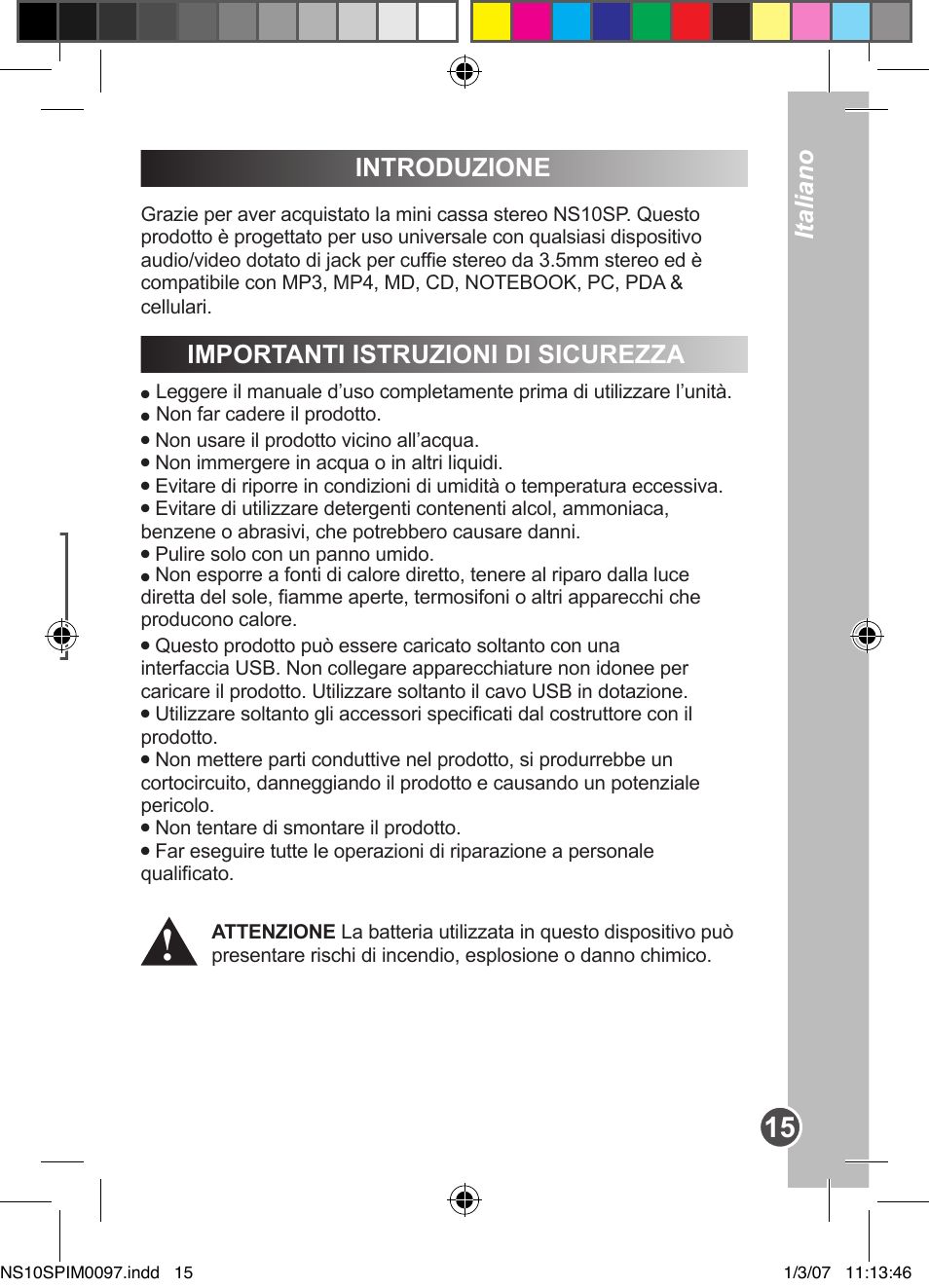 Português, Italiano, Introduzione importanti istruzioni di sicurezza | Lexibook NS10SP User Manual | Page 15 / 23