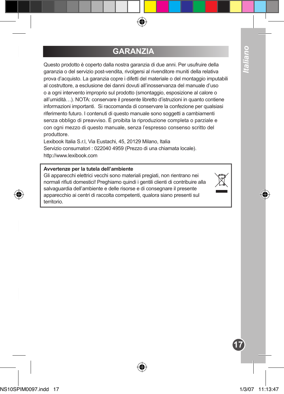 Italiano, Garanzia | Lexibook NS10SP User Manual | Page 17 / 23