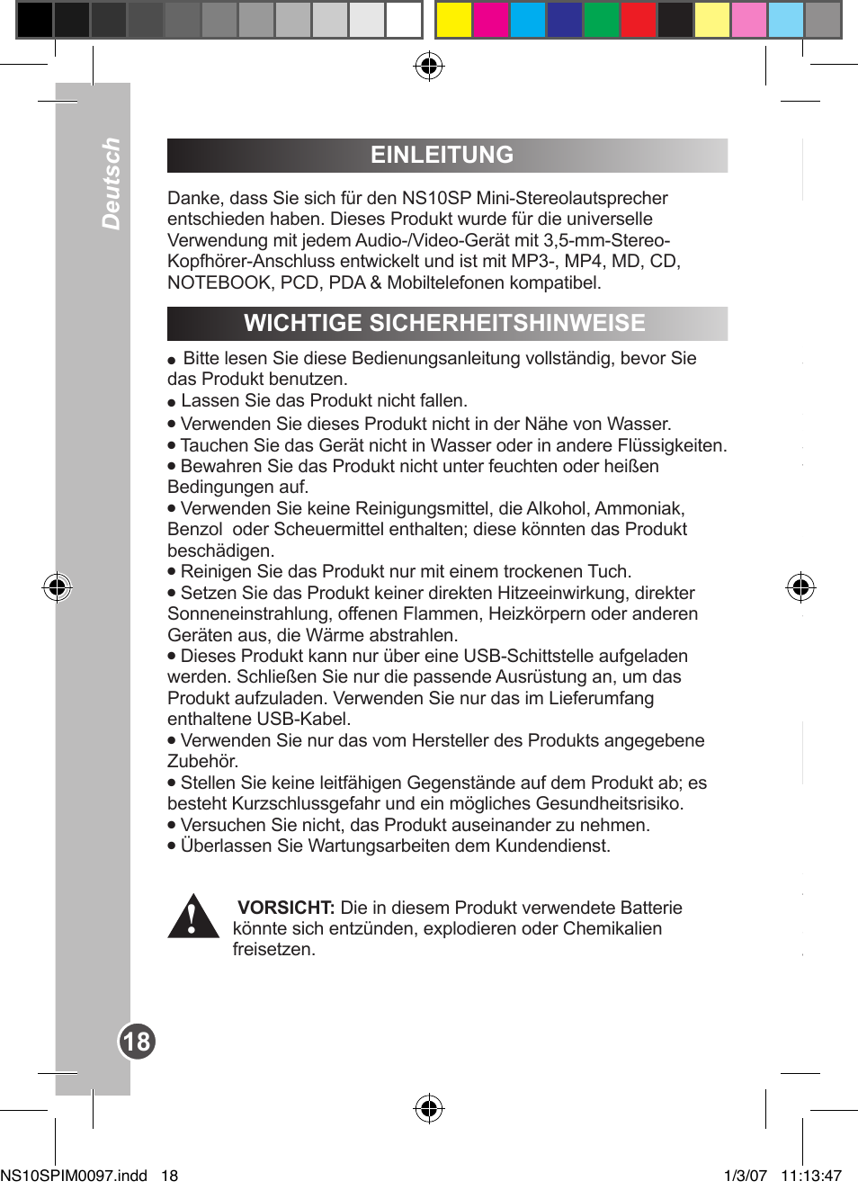 Deutsch, Einleitung, Wichtige sicherheitshinweise | Lexibook NS10SP User Manual | Page 18 / 23