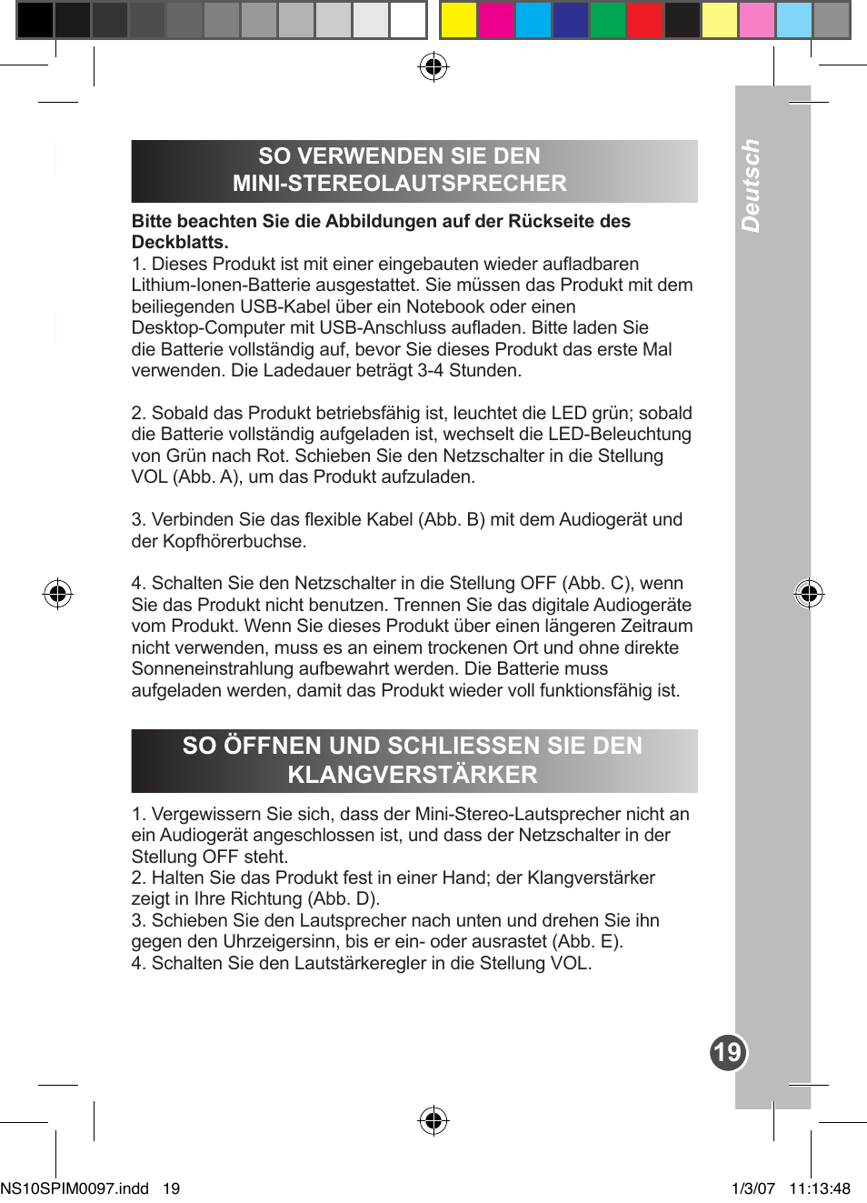 Deutsch, Wichtige sicherheitshinweise, So öffnen und schliessen sie den klangverstärker | So verwenden sie den mini-stereolautsprecher | Lexibook NS10SP User Manual | Page 19 / 23