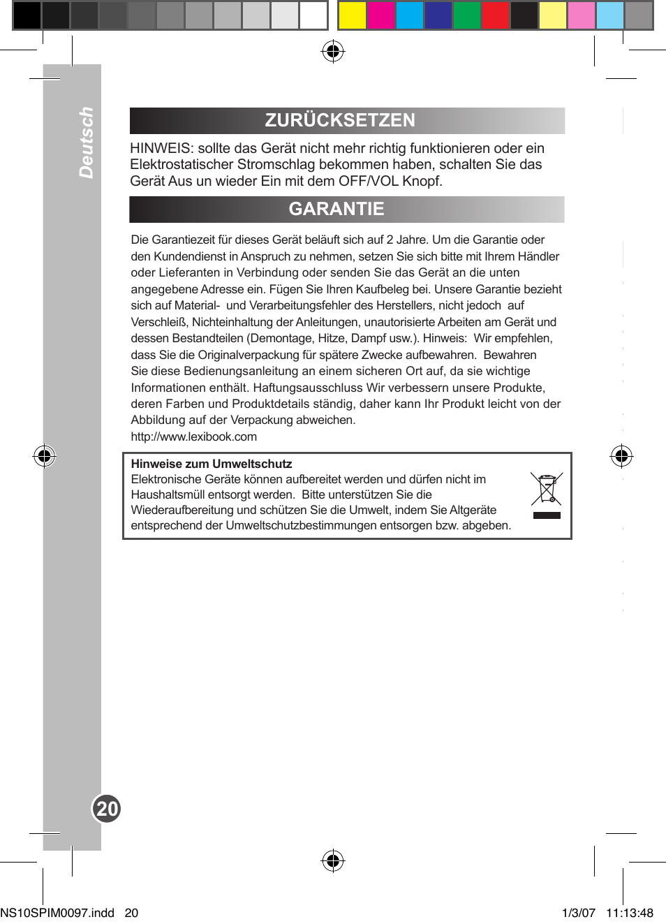 Deutsch, Zurücksetzen, Garantie | Inleiding, Belangrijk veiligheidsmaatregelen | Lexibook NS10SP User Manual | Page 20 / 23